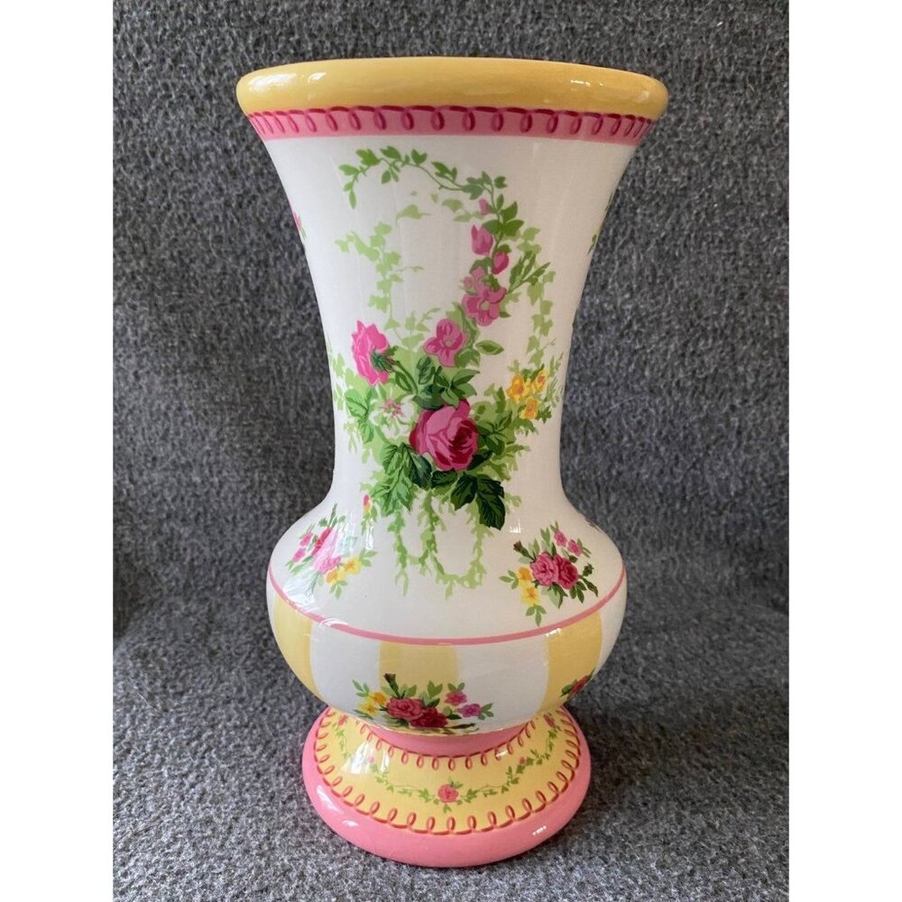 Laura Ashley Pedestal Vase Vintage ftd Yellow & White Pink Floral 20" Glass